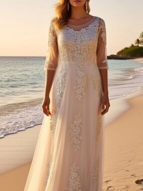 Romantic Beach Destination Wedding Dress Laceup Back  Blush Embelished  Size 12